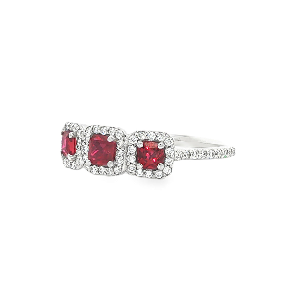 14kt White Gold 0.80 ctw Ruby & 0.38 ctw Diamond Three-Stone Halo Ring 6.5,5,5.5,6,7,7.5,8,8.5