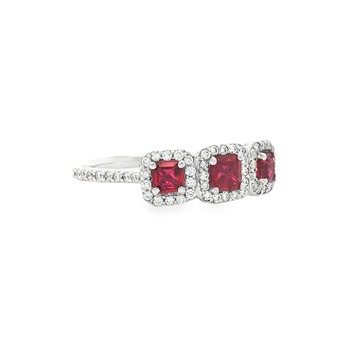 14kt White Gold 0.80 ctw Ruby & 0.38 ctw Diamond Three-Stone Halo Ring 6.5,5,5.5,6,7,7.5,8,8.5