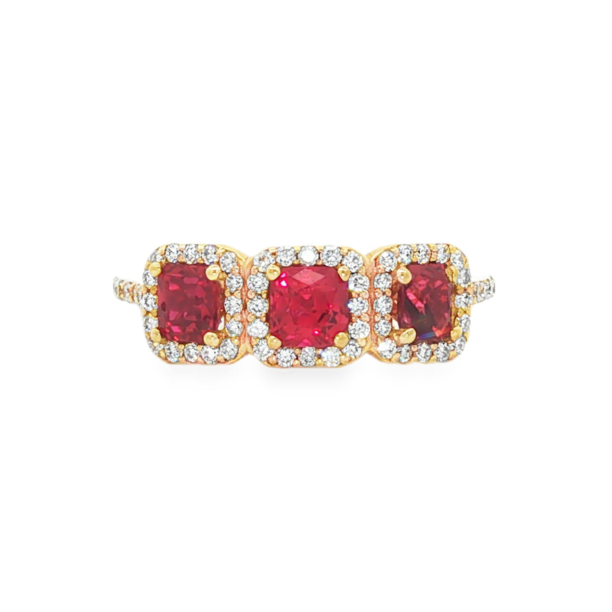 14kt Yellow Gold 1.16 ctw Ruby & 0.38 ctw Diamond Three-Stone Halo Ring 5,5.5,6,6.5,7,7.5,8,8.5