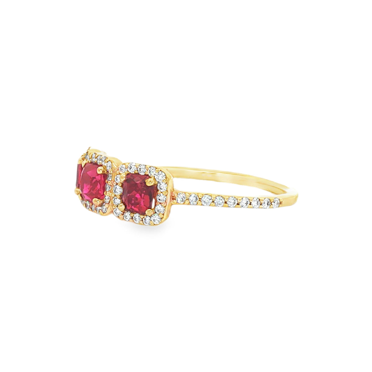 14kt Yellow Gold 1.16 ctw Ruby & 0.38 ctw Diamond Three-Stone Halo Ring 5,5.5,6,6.5,7,7.5,8,8.5