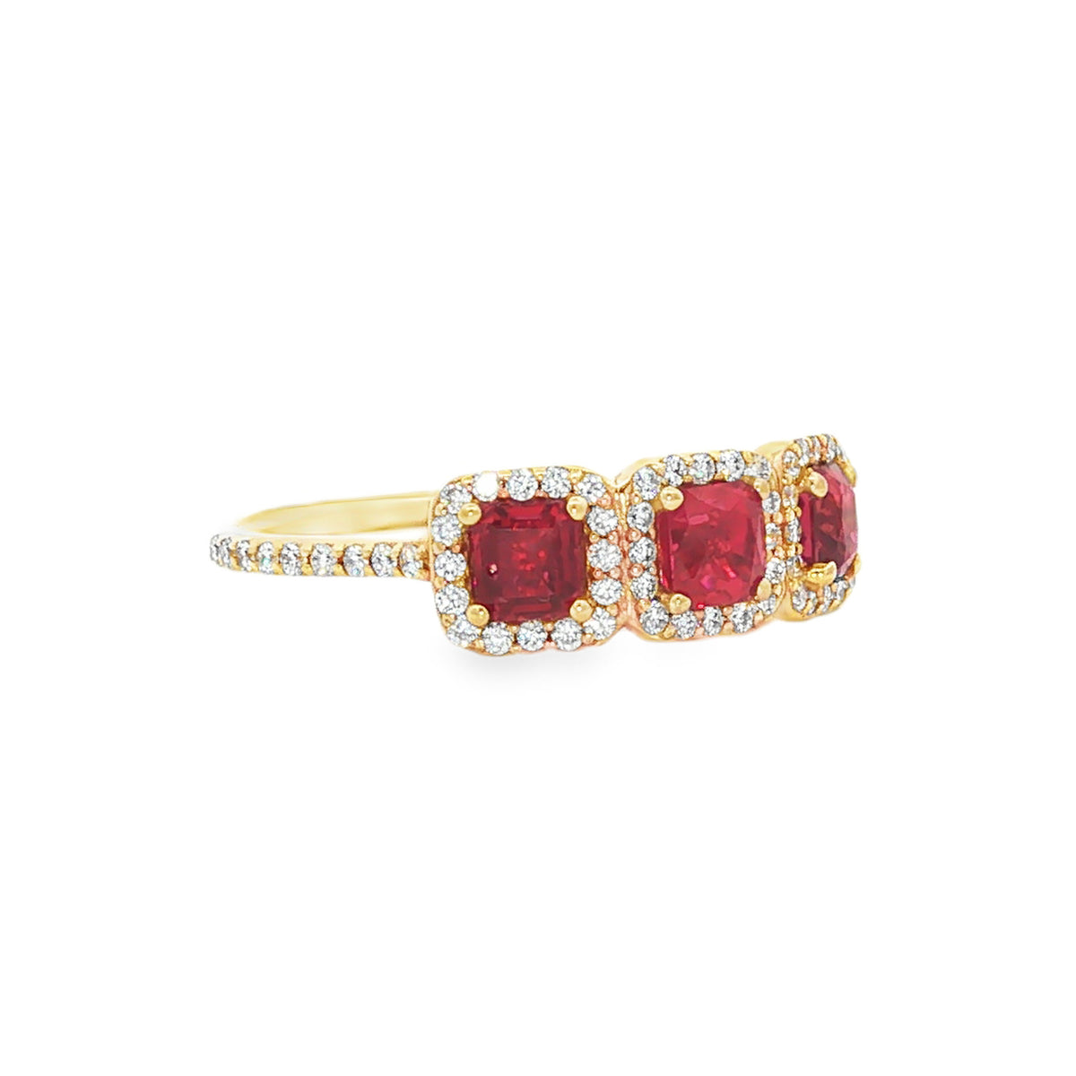 14kt Yellow Gold 1.16 ctw Ruby & 0.38 ctw Diamond Three-Stone Halo Ring 5,5.5,6,6.5,7,7.5,8,8.5