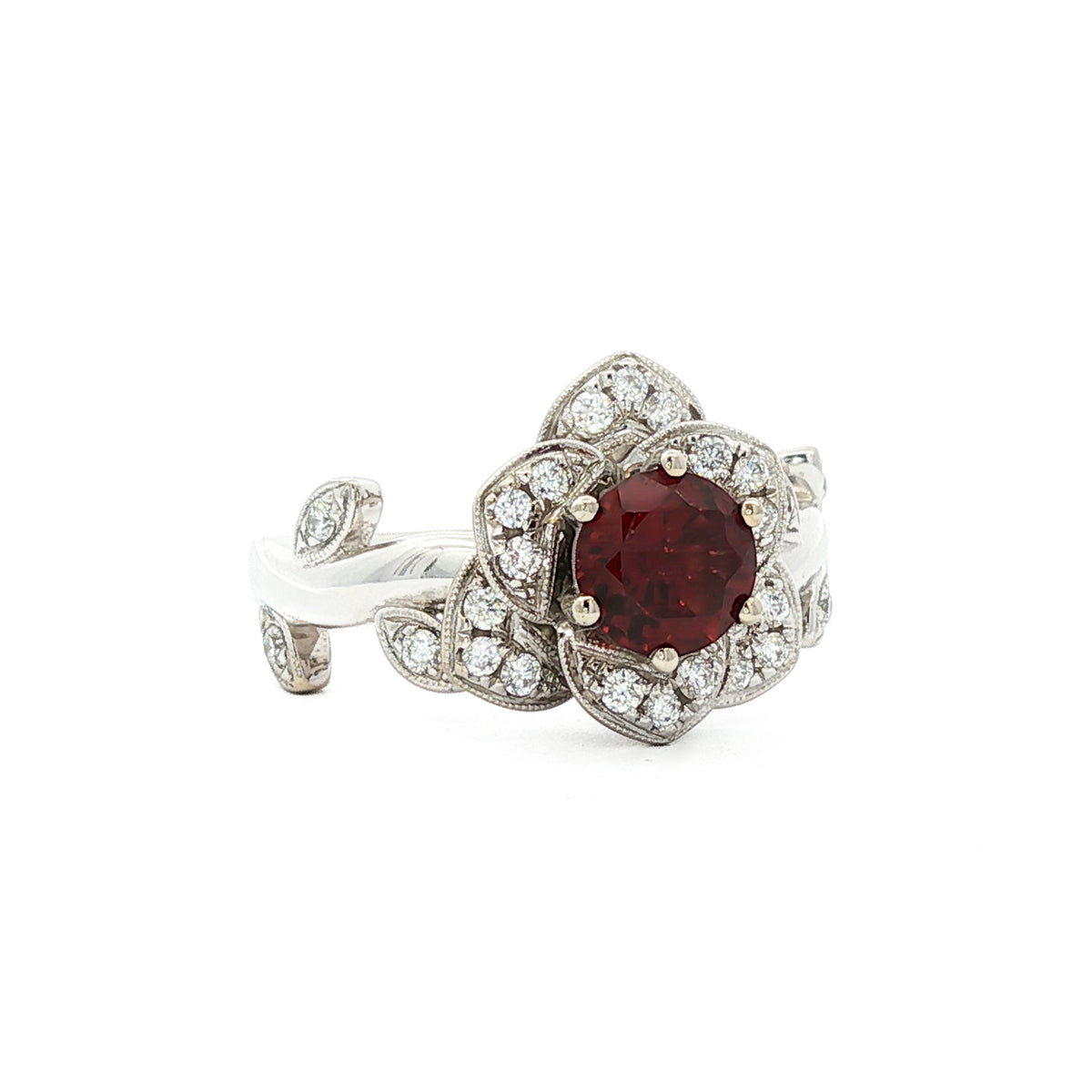 14kt White Gold .98 ct Round Garnet & .28 ctw Diamond Flower Ring 4,4.5,5,5.5,6,6.5,7,7.5,8,8.5,9
