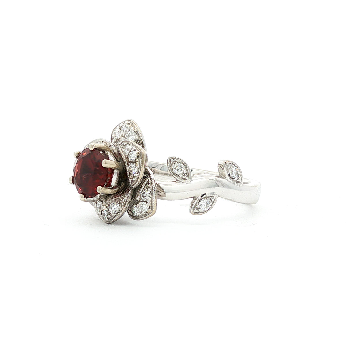 14kt White Gold .98 ct Round Garnet & .28 ctw Diamond Flower Ring 4,4.5,5,5.5,6,6.5,7,7.5,8,8.5,9