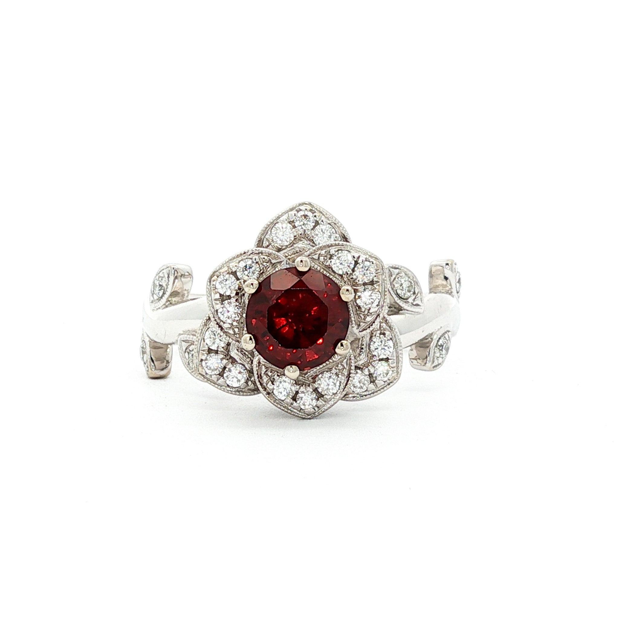 14kt White Gold .98 ct Round Garnet & .28 ctw Diamond Flower Ring 4,4.5,5,5.5,6,6.5,7,7.5,8,8.5,9