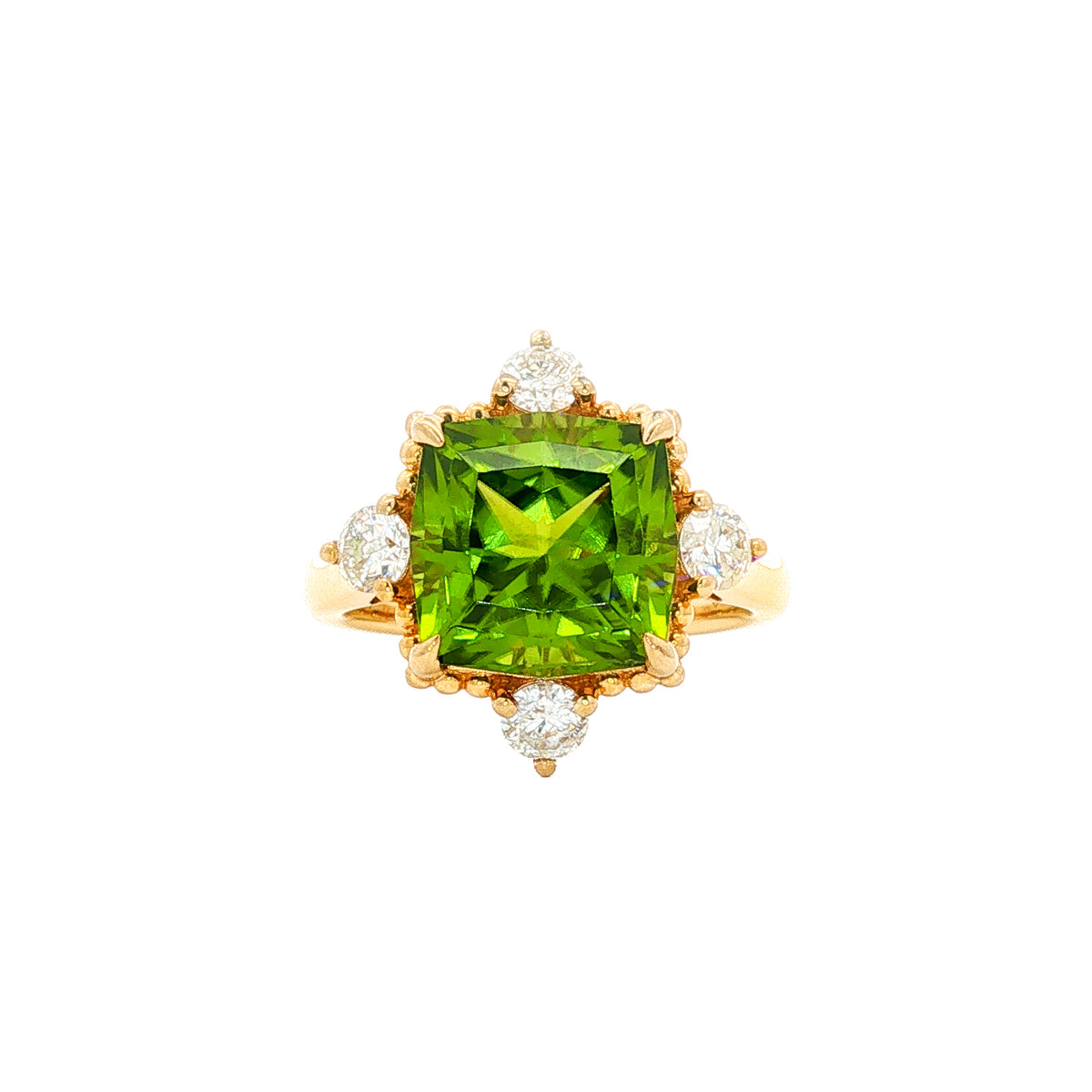 14kt Yellow Gold 5.22 ctw Cushion Cut Pakistan Peridot & 0.59 ctw Diamond Ring 4,4.5,5,5.5,6,6.5,7.5,7,8,8.5,9