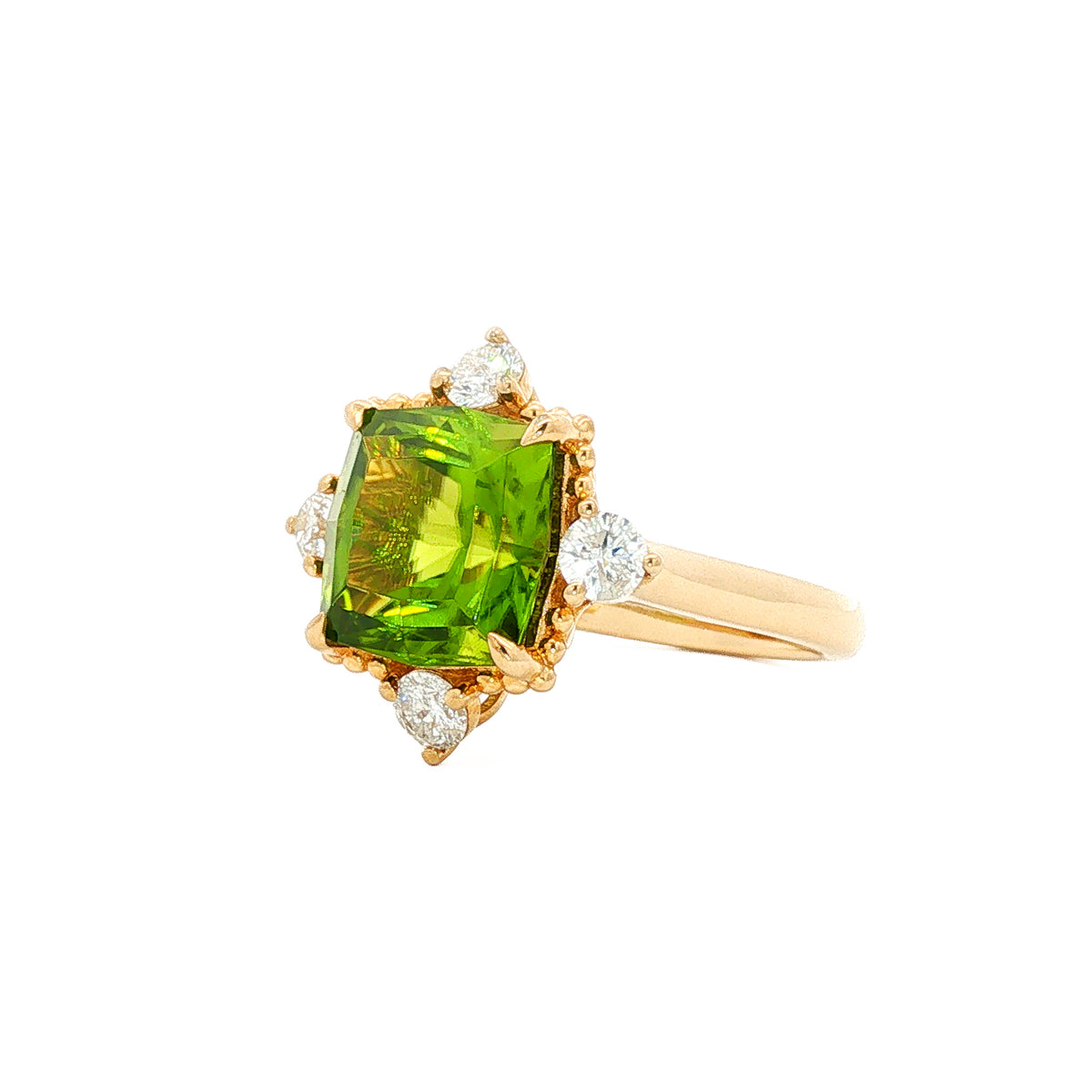 14kt Yellow Gold 5.22 ctw Cushion Cut Pakistan Peridot & 0.59 ctw Diamond Ring 4,4.5,5,5.5,6,6.5,7.5,7,8,8.5,9