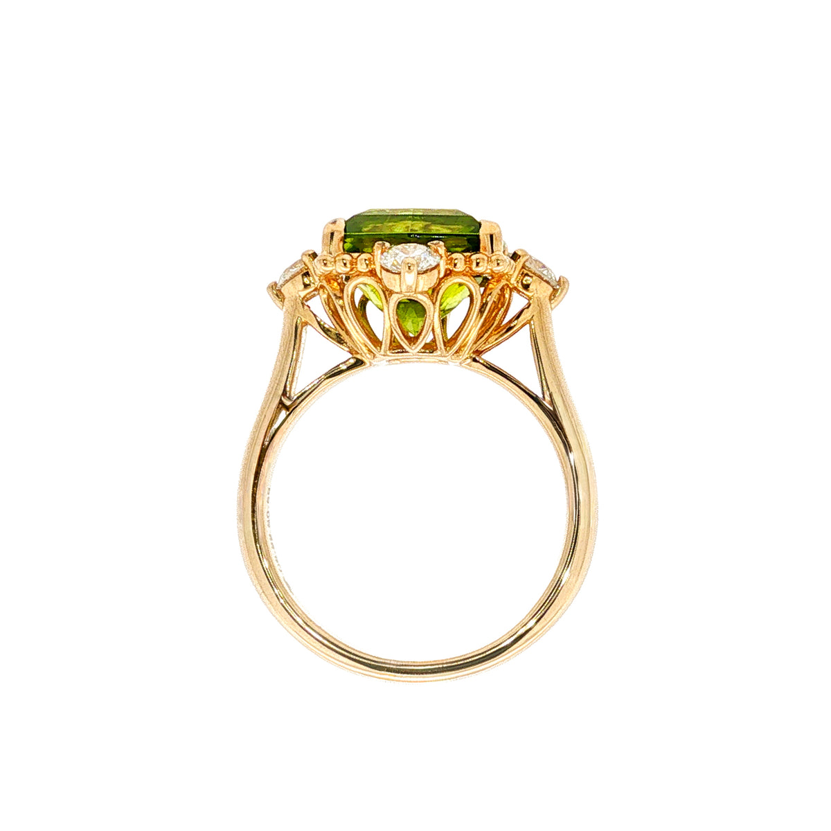 14kt Yellow Gold 5.22 ctw Cushion Cut Pakistan Peridot & 0.59 ctw Diamond Ring 4,4.5,5,5.5,6,6.5,7.5,7,8,8.5,9