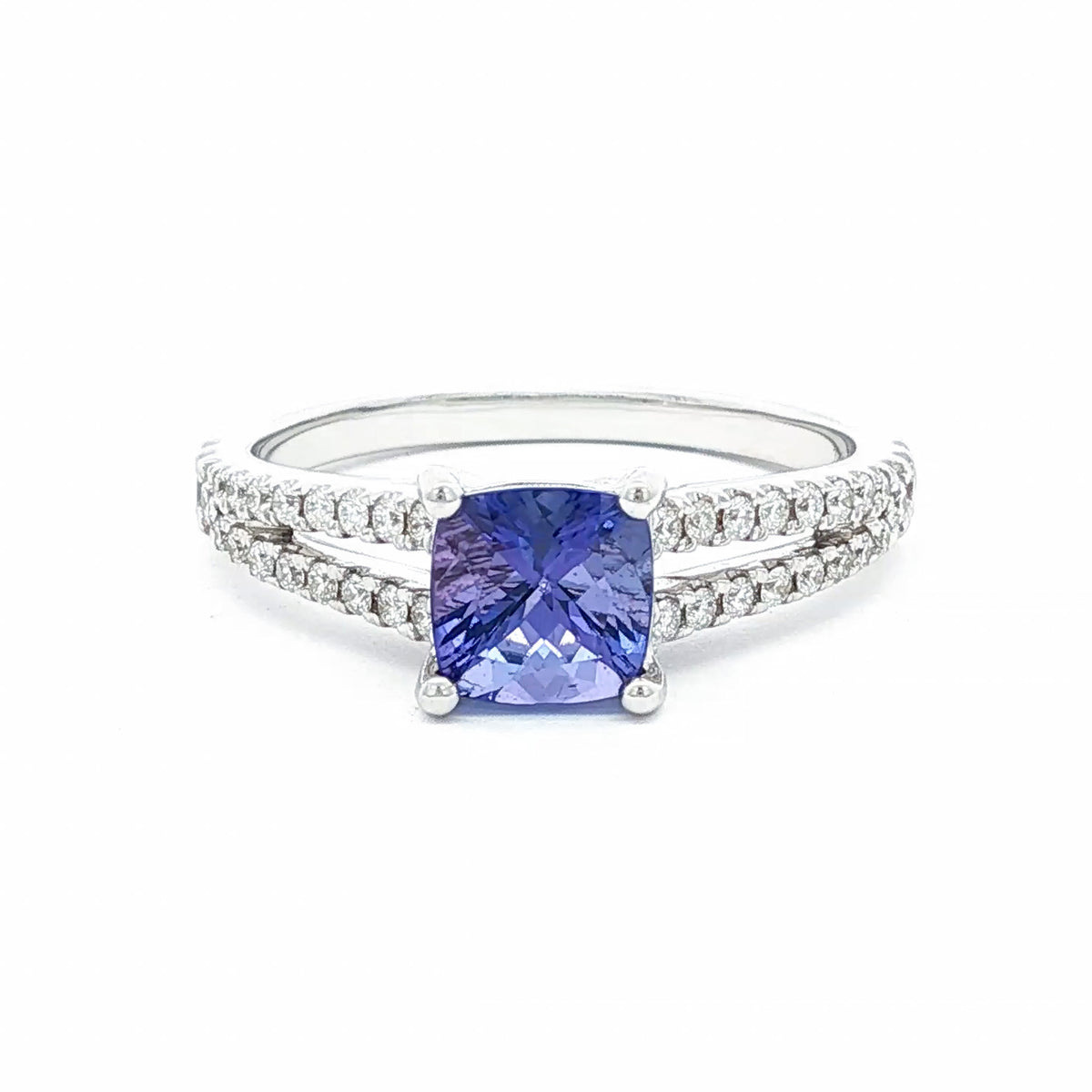 14kt White Gold 1.05 ct Cushion Tanzanite & Diamond Split Shank Ring 5,5.5,6,6.5,7,7.5,8