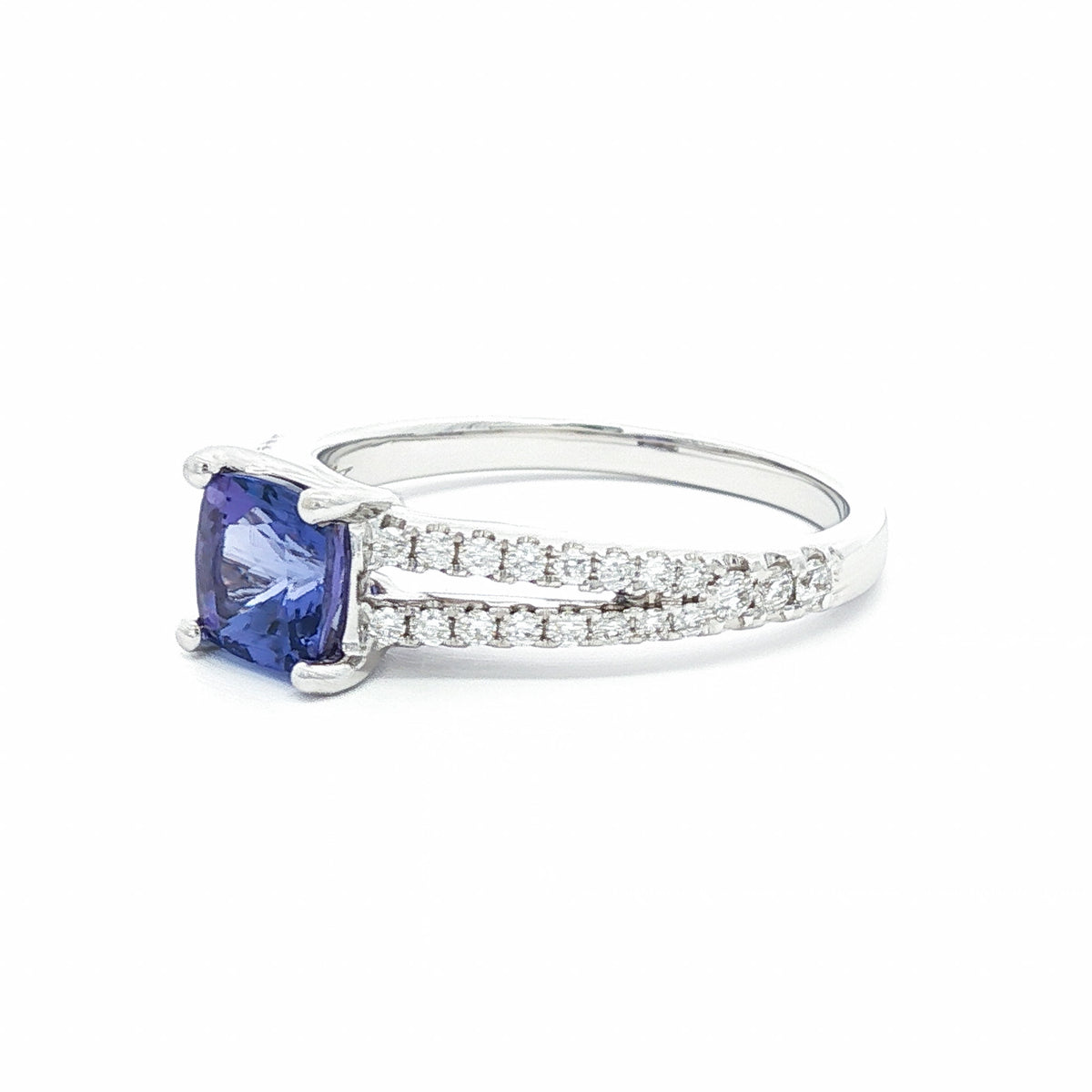 14kt White Gold 1.05 ct Cushion Tanzanite & Diamond Split Shank Ring 5,5.5,6,6.5,7,7.5,8
