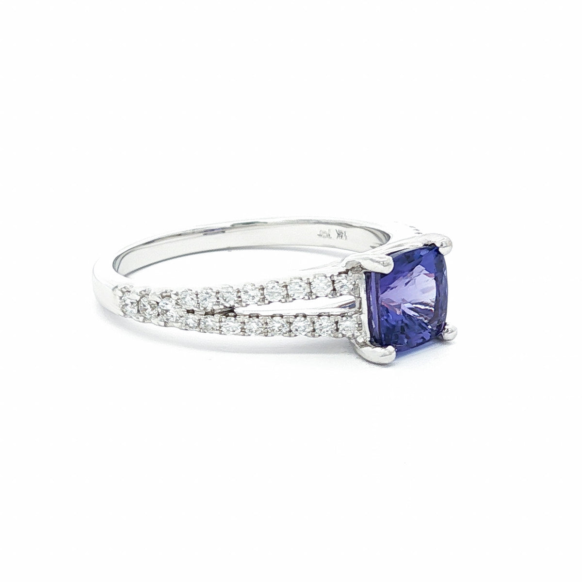 14kt White Gold 1.05 ct Cushion Tanzanite & Diamond Split Shank Ring 5,5.5,6,6.5,7,7.5,8