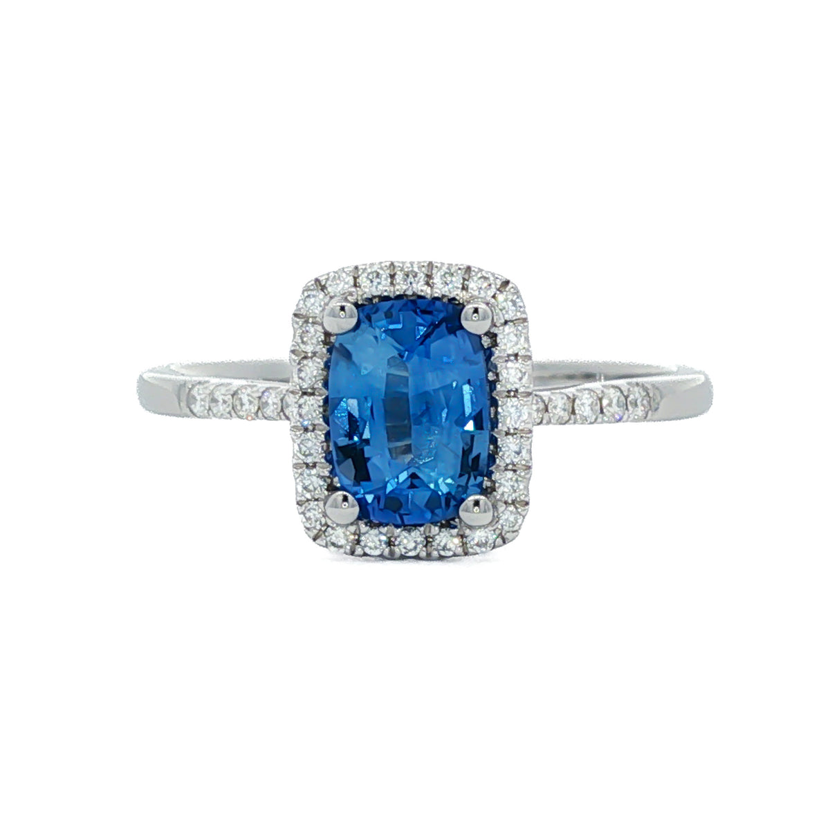 14kt White Gold 0.91 ctw Cushion Sapphire & 0.14 ctw Round Brilliant Diamond Emerald-Cut Halo Ring 7