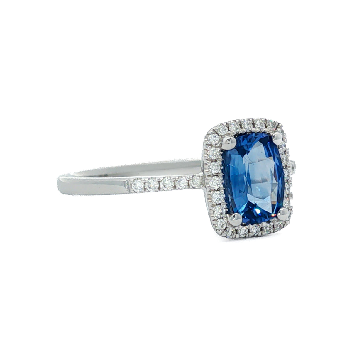 14kt White Gold 0.91 ctw Cushion Sapphire & 0.14 ctw Round Brilliant Diamond Emerald-Cut Halo Ring 7