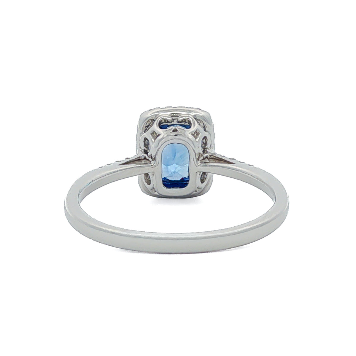 14kt White Gold 0.91 ctw Cushion Sapphire & 0.14 ctw Round Brilliant Diamond Emerald-Cut Halo Ring 7