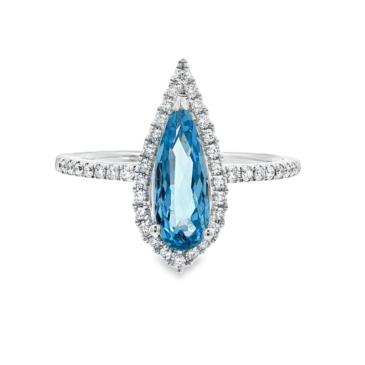 14kt White Gold & .80 ct Pear Shaped Blue Topaz with .21 ctw Diamond Halo Ring 5.5,6,6.5,7,7.5
