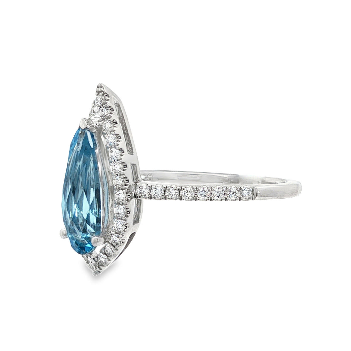 14kt White Gold & .80 ct Pear Shaped Blue Topaz with .21 ctw Diamond Halo Ring 5.5,6,6.5,7,7.5