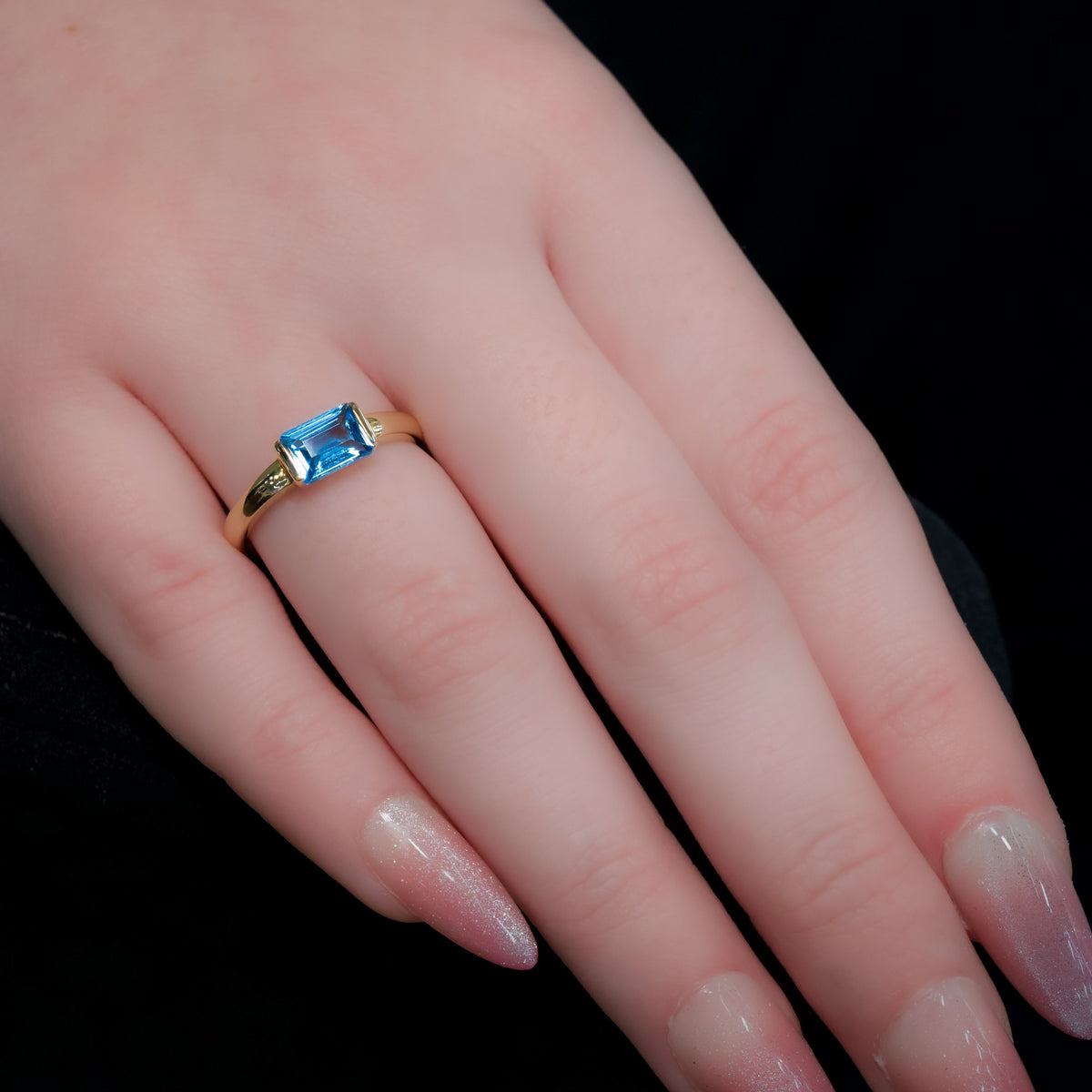 14kt Yellow Gold & 1.15 ct Emerald Cut Blue Topaz East-West Ring 5.5,6,6.5,7,7.5