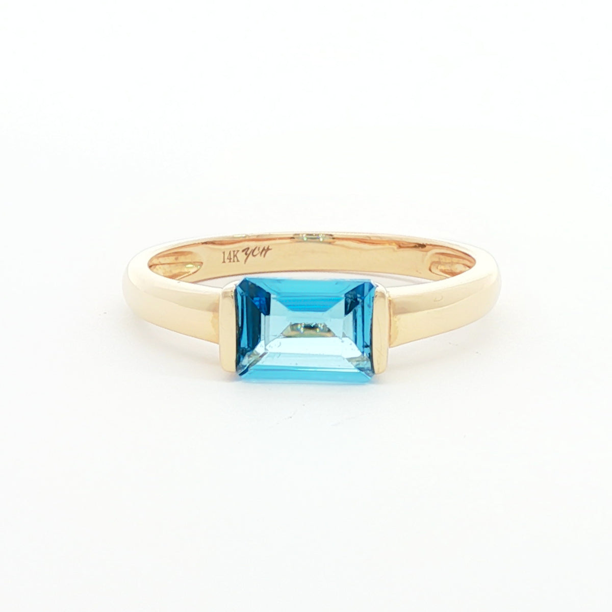 14kt Yellow Gold & 1.15 ct Emerald Cut Blue Topaz East-West Ring 5.5,6,6.5,7,7.5