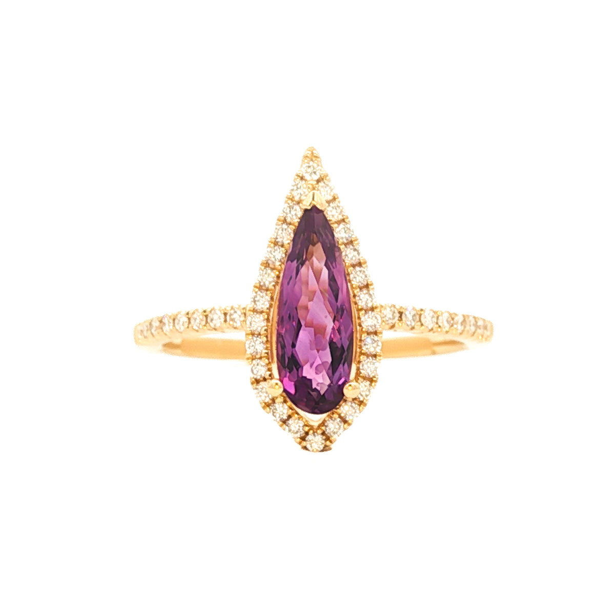 14kt Yellow Gold .80 ct Pear Shaped Amethyst with .21 ctw Diamond Halo Ring 5,5.5,6,6.5,7,7.5,8