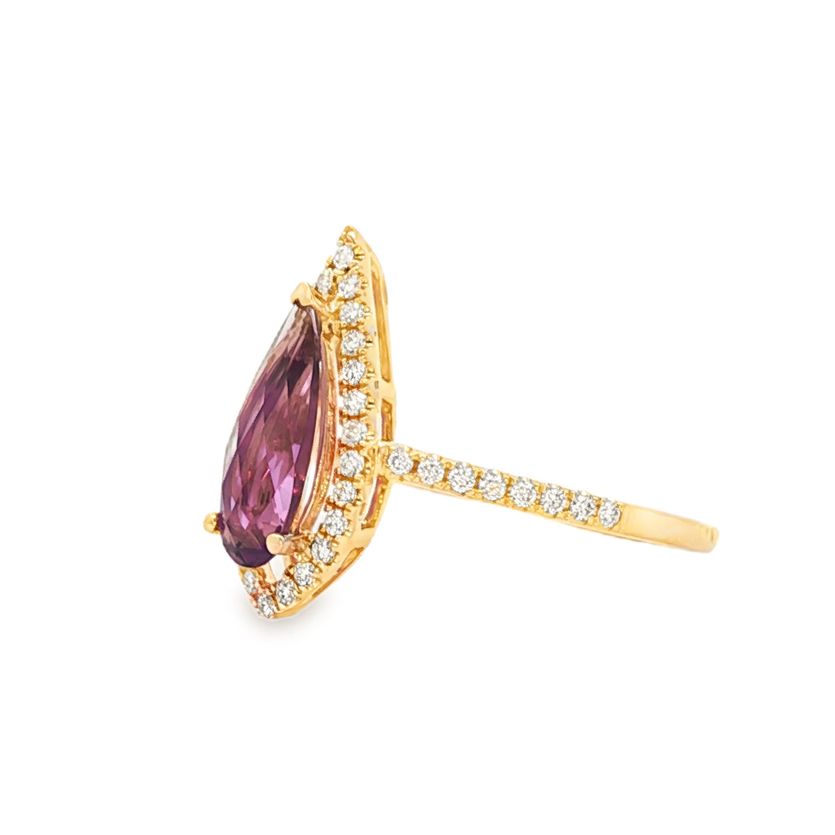 14kt Yellow Gold .80 ct Pear Shaped Amethyst with .21 ctw Diamond Halo Ring 5,5.5,6,6.5,7,7.5,8