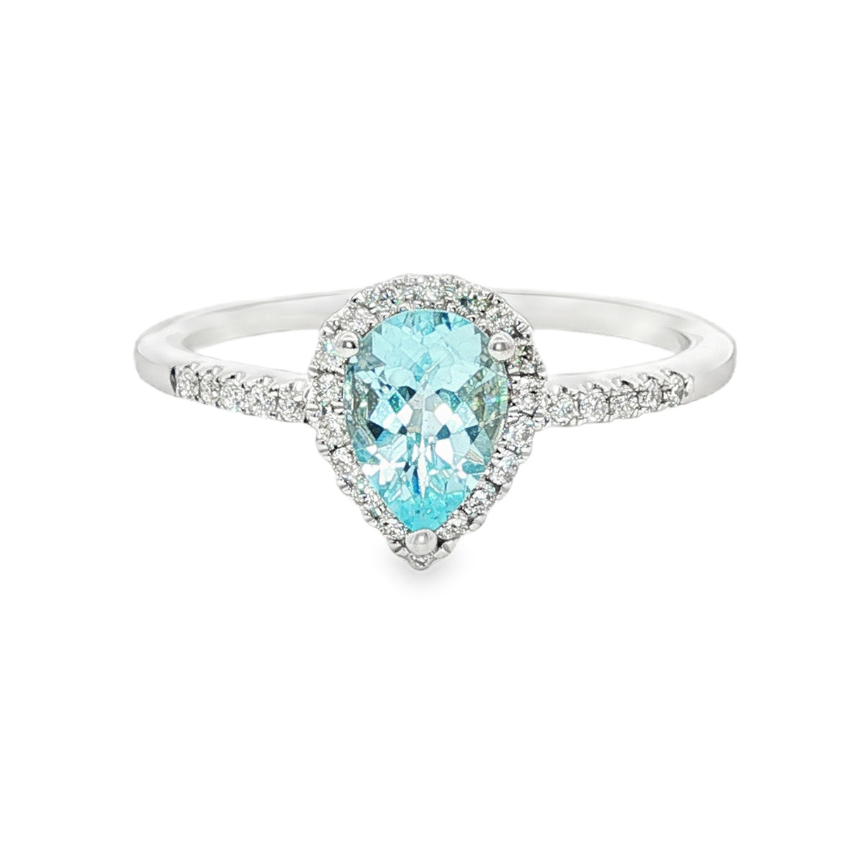 14kt White Gold .49 ct Pear-Shaped Aquamarine with Diamond Halo Ring 5,5.5,6,6.5,7,7.5,8,8.5,9