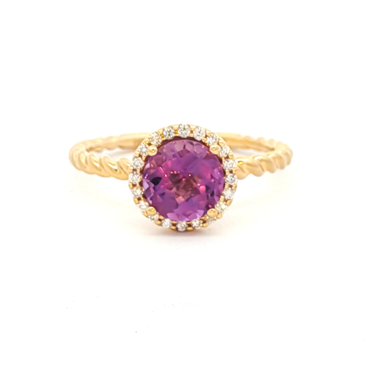 14kt Yellow Gold 6mm Round Amethyst with .10 ctw Diamond Halo Twist Ring 5,5.5,6,6.5,7,7.5,8,8.5,9
