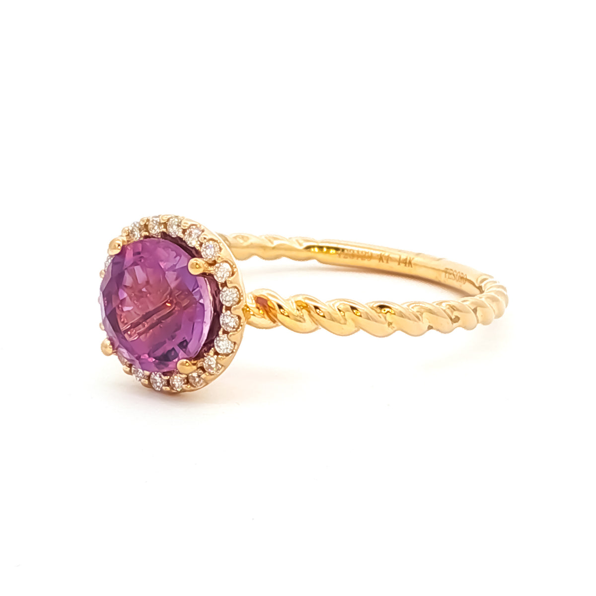 14kt Yellow Gold 6mm Round Amethyst with .10 ctw Diamond Halo Twist Ring 5,5.5,6,6.5,7,7.5,8,8.5,9