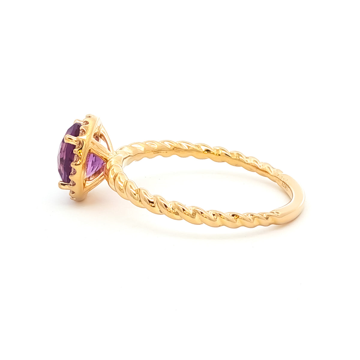 14kt Yellow Gold 6mm Round Amethyst with .10 ctw Diamond Halo Twist Ring 5,5.5,6,6.5,7,7.5,8,8.5,9