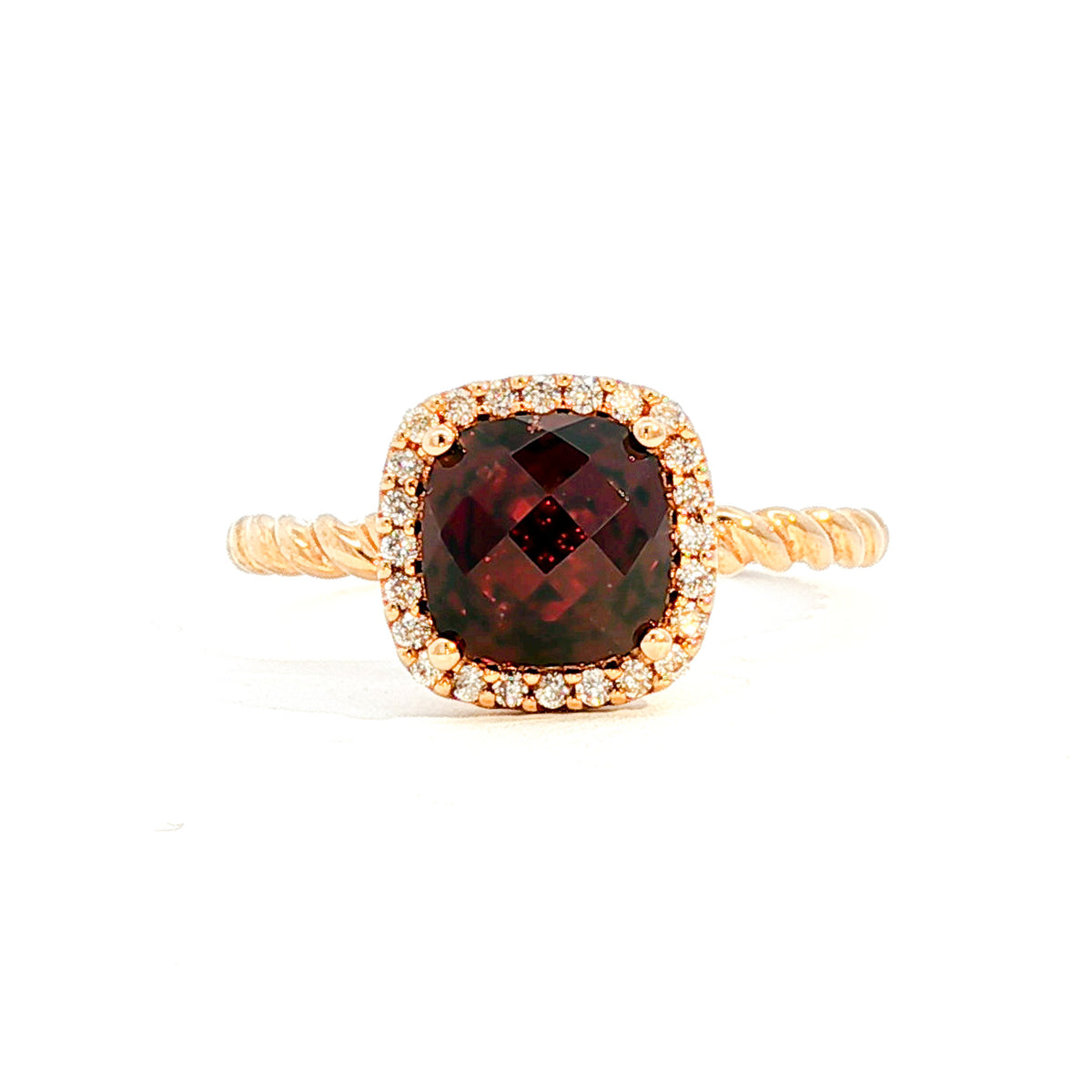14kt Yellow Gold 7mm Checkerboard Cushion Garnet with Diamond Halo & Twist Ring 4,4.5,5,5.5,6,6.5,7,7.5,8,8.5,9