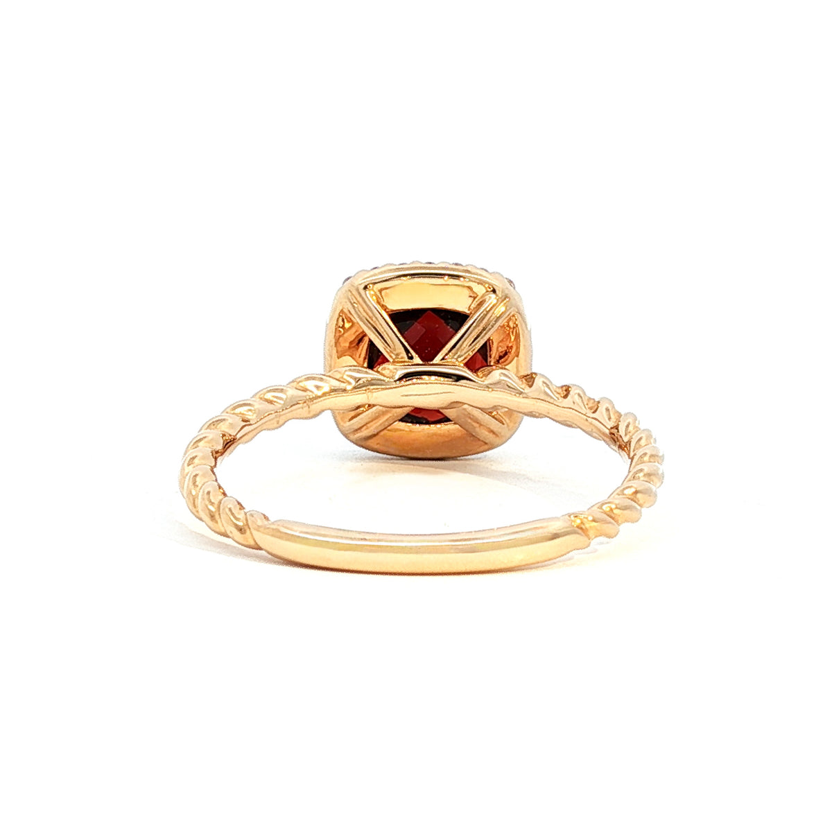 14kt Yellow Gold 7mm Checkerboard Cushion Garnet with Diamond Halo & Twist Ring 4,4.5,5,5.5,6,6.5,7,7.5,8,8.5,9