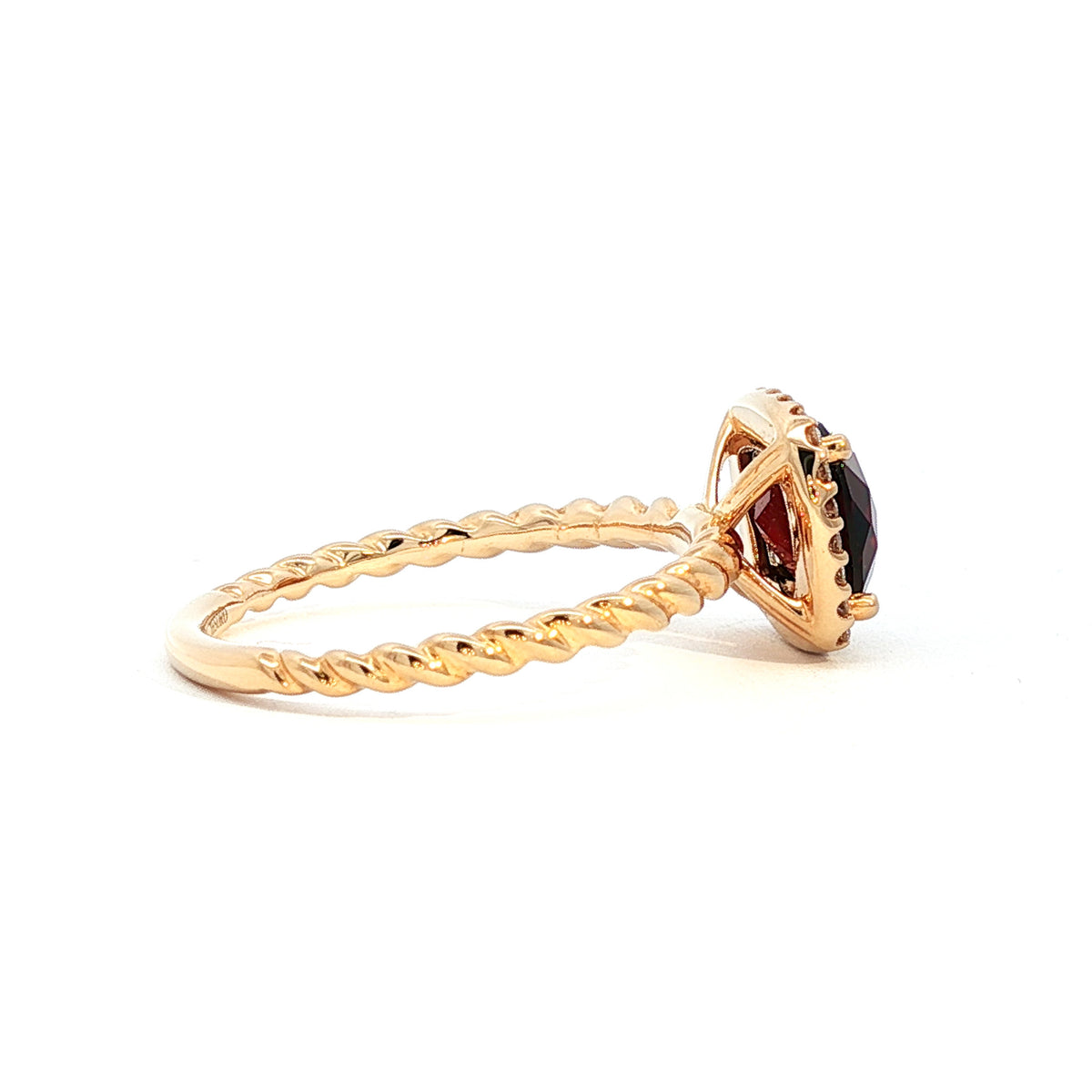 14kt Yellow Gold 7mm Checkerboard Cushion Garnet with Diamond Halo & Twist Ring 4,4.5,5,5.5,6,6.5,7,7.5,8,8.5,9