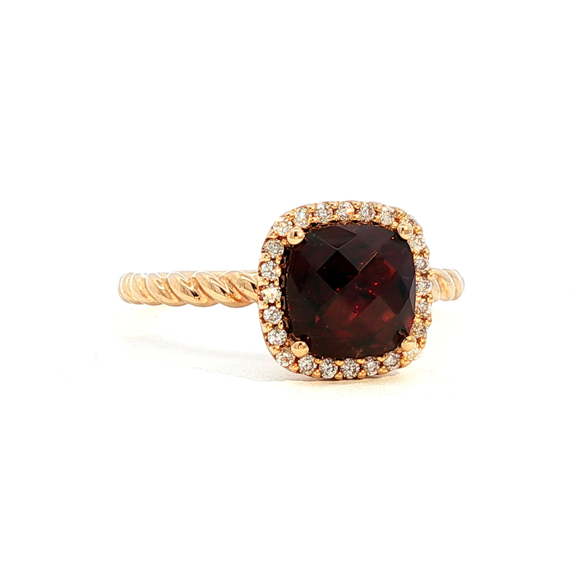 14kt Yellow Gold 7mm Checkerboard Cushion Garnet with Diamond Halo & Twist Ring 4,4.5,5,5.5,6,6.5,7,7.5,8,8.5,9