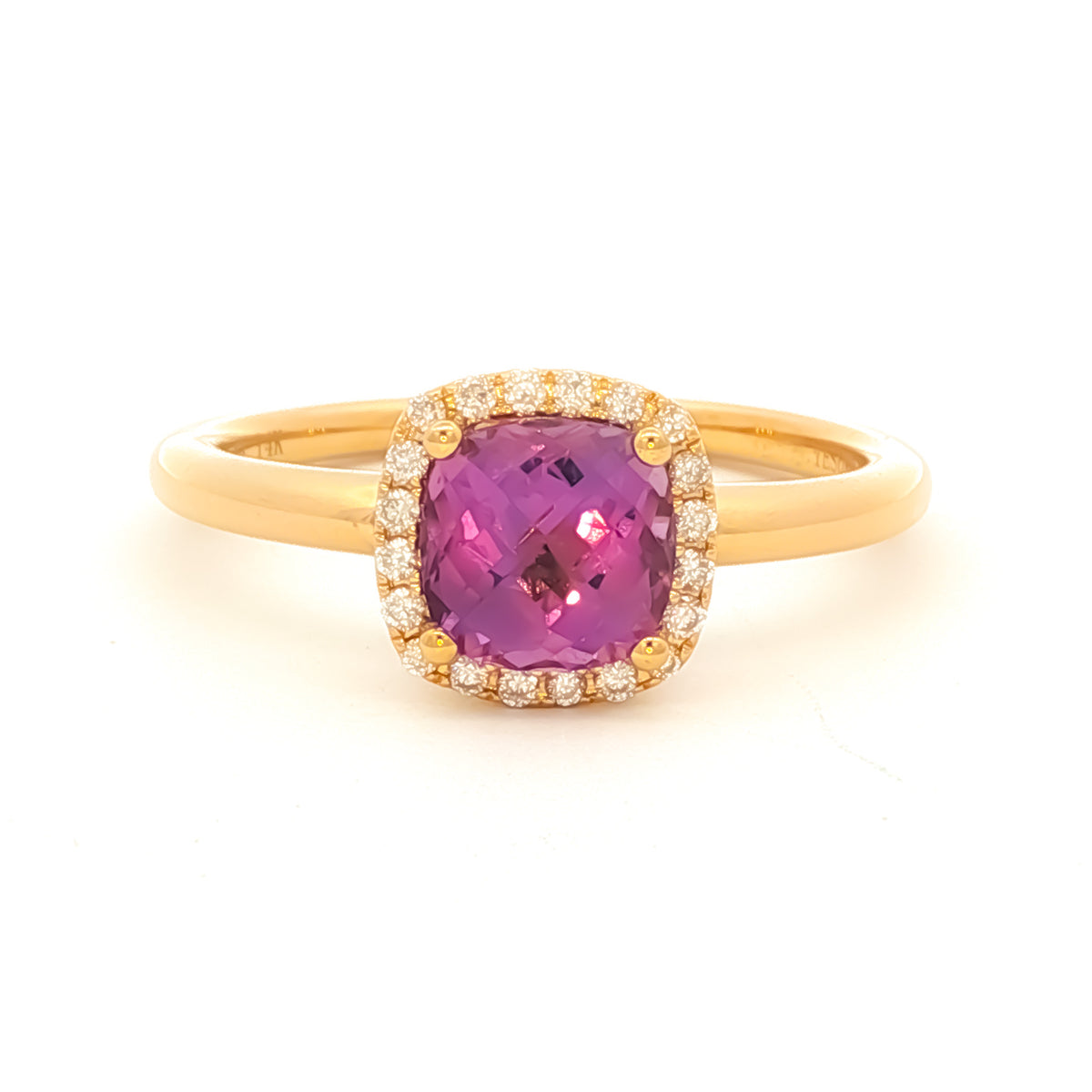 14kt Yellow Gold 6mm Cushion Amethyst with .10 ctw Diamond Halo Ring 5,5.5,6,6.5,7,7.5,8,8.5,9