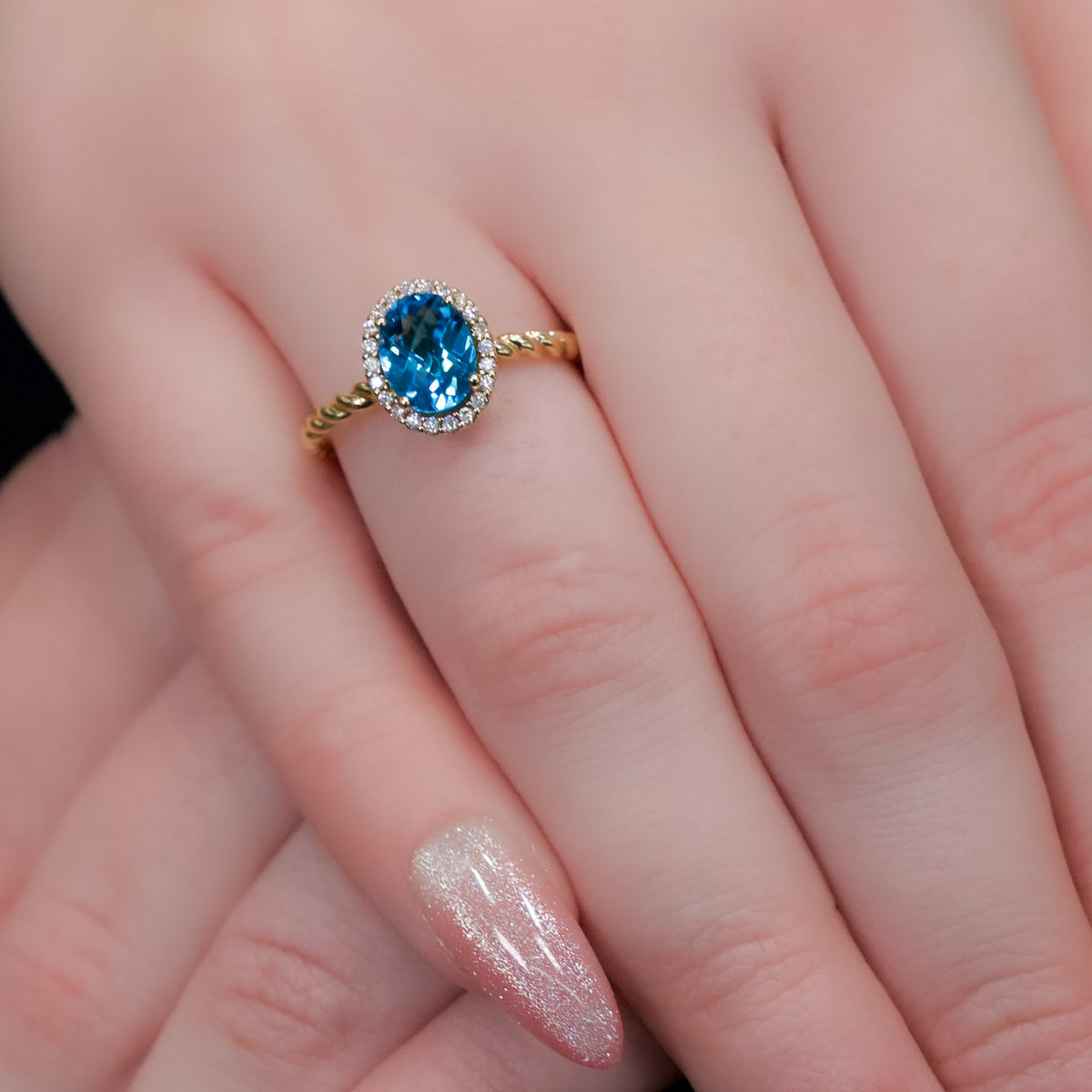 14kt Yellow Gold & 1.60 ct Oval Blue Topaz with .10 ctw Diamond Halo Ring 5.5,6,6.5,7,7.5