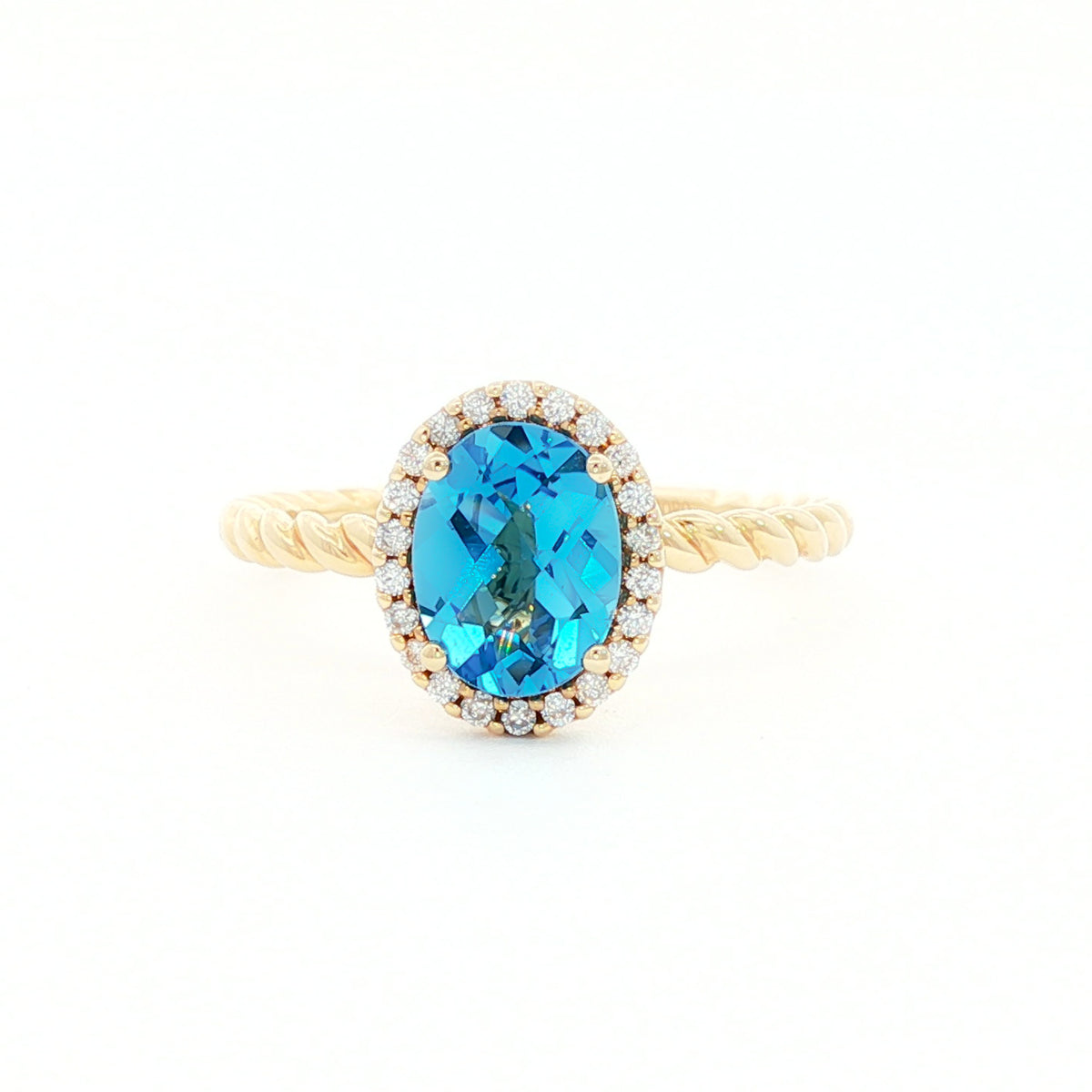 14kt Yellow Gold & 1.60 ct Oval Blue Topaz with .10 ctw Diamond Halo Ring 5.5,6,6.5,7,7.5
