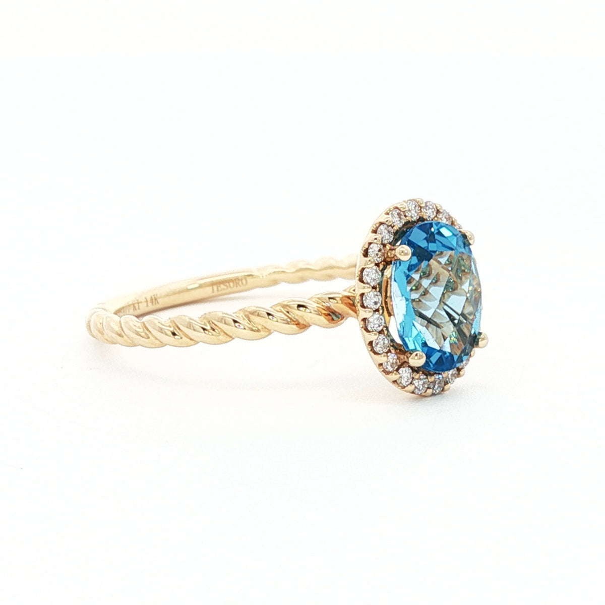 14kt Yellow Gold & 1.60 ct Oval Blue Topaz with .10 ctw Diamond Halo Ring 5.5,6,6.5,7,7.5
