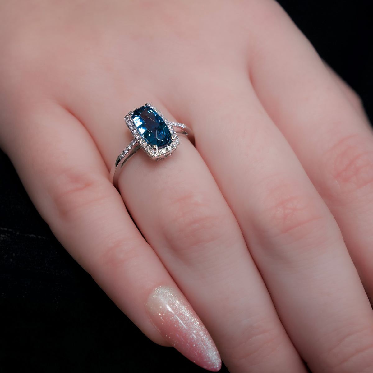 14kt White Gold & 1.50 ct Elongated Cushion Blue Topaz with Diamond Halo Ring 5.5,6,6.5,7,7.5