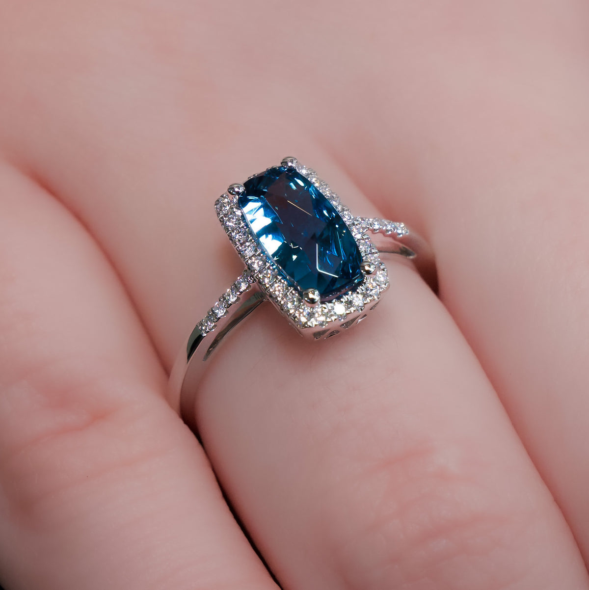 14kt White Gold & 1.50 ct Elongated Cushion Blue Topaz with Diamond Halo Ring 5.5,6,6.5,7,7.5