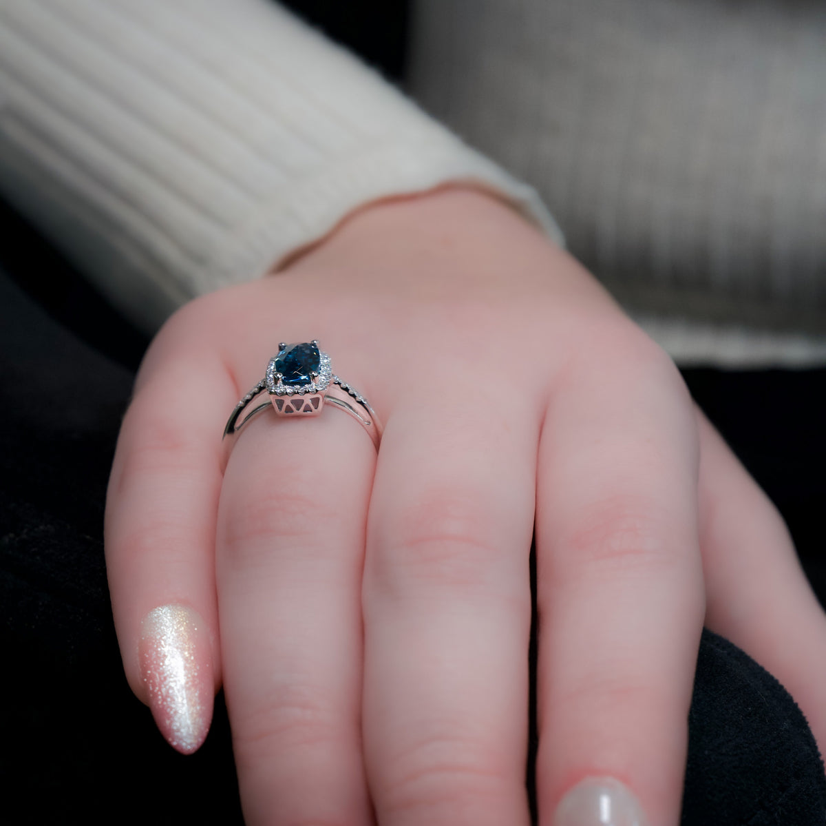 14kt White Gold & 1.50 ct Elongated Cushion Blue Topaz with Diamond Halo Ring 5.5,6,6.5,7,7.5