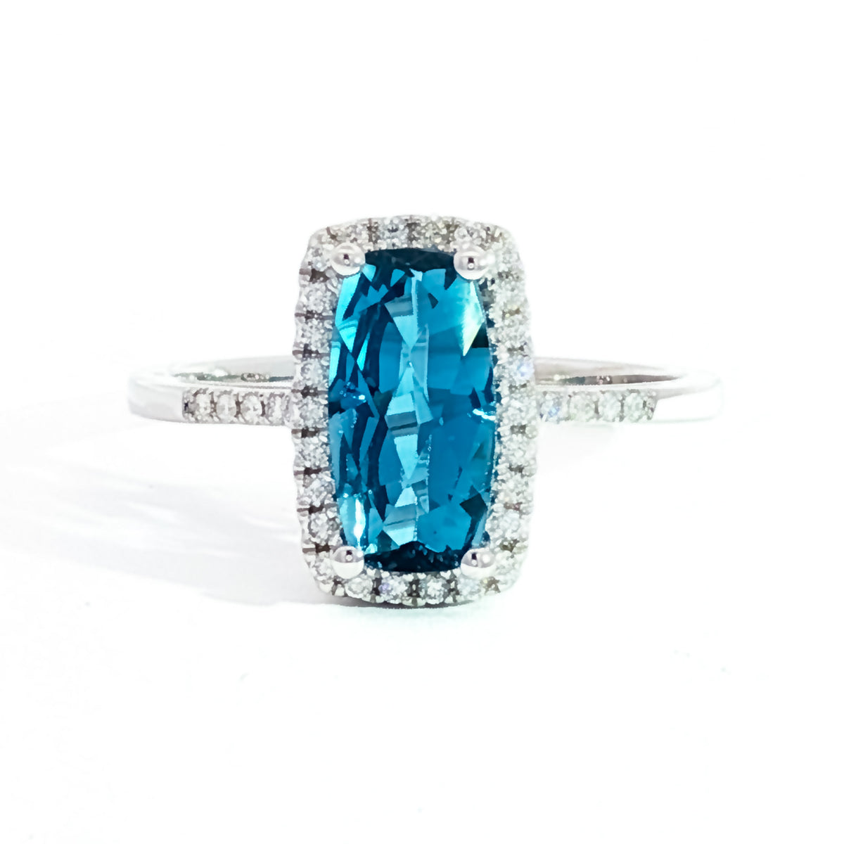 14kt White Gold & 1.50 ct Elongated Cushion Blue Topaz with Diamond Halo Ring 5.5,6,6.5,7,7.5