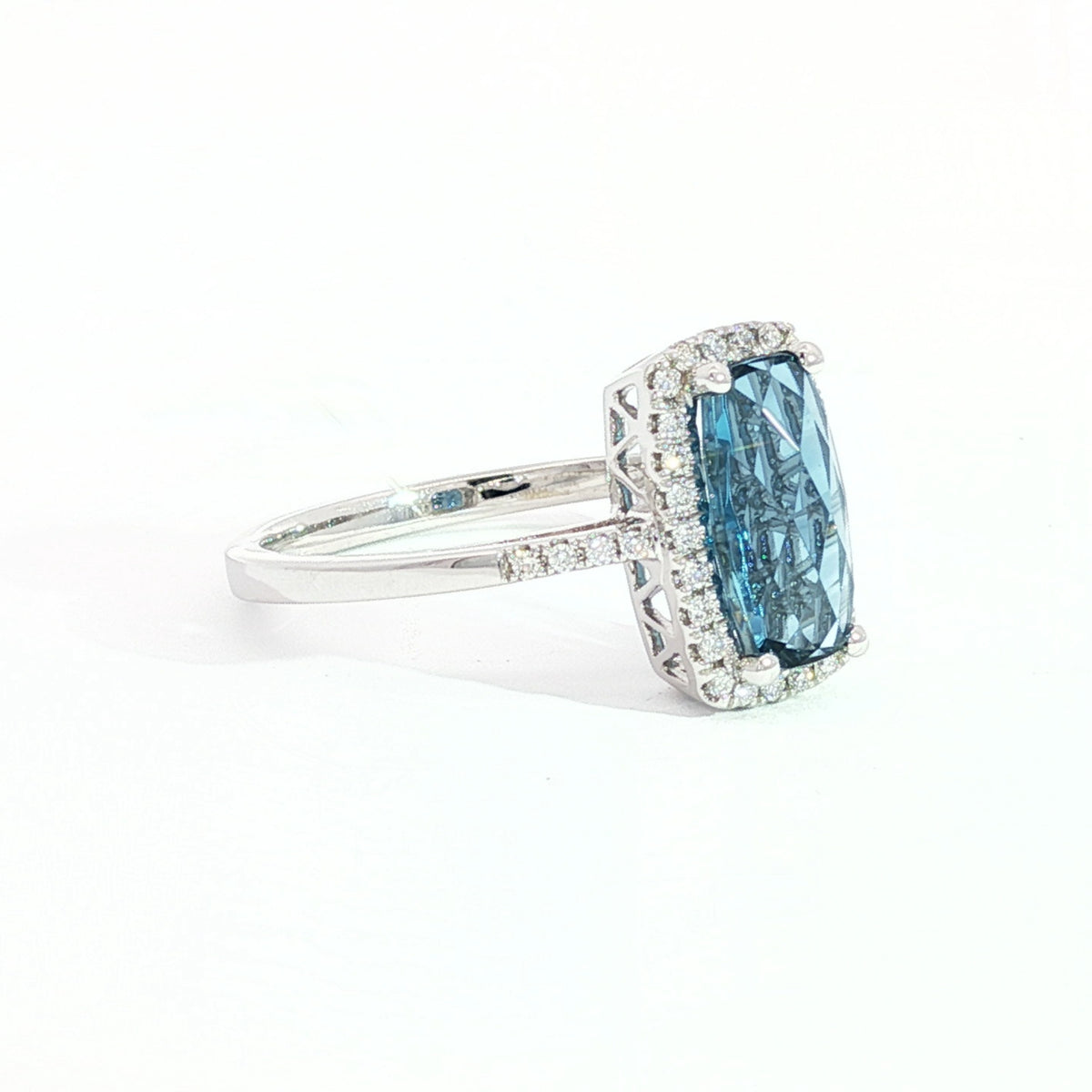 14kt White Gold & 1.50 ct Elongated Cushion Blue Topaz with Diamond Halo Ring 5.5,6,6.5,7,7.5