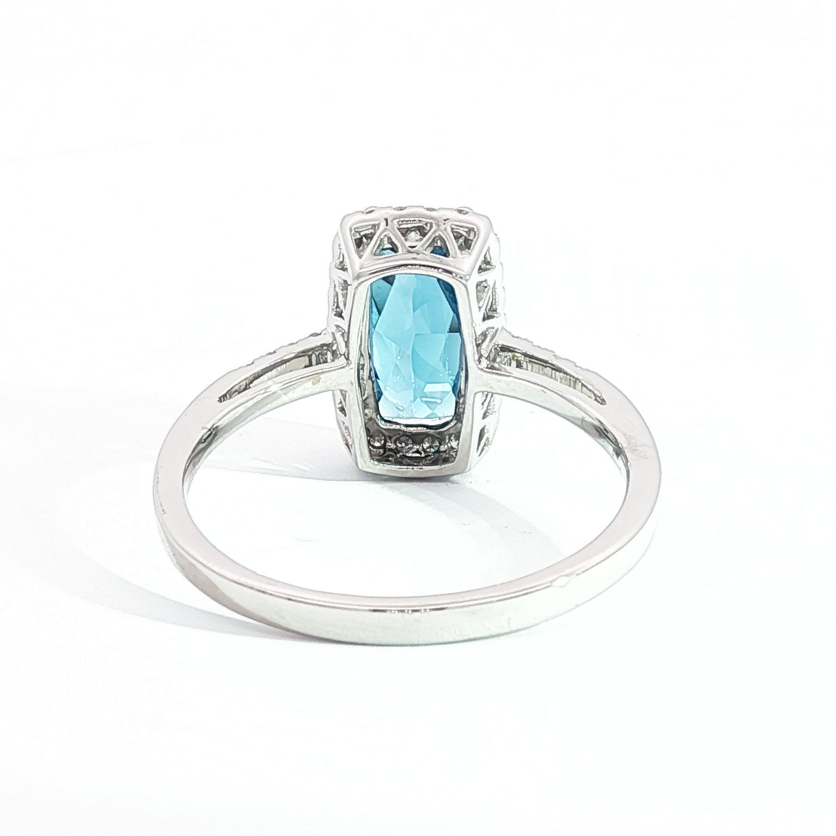 14kt White Gold & 1.50 ct Elongated Cushion Blue Topaz with Diamond Halo Ring 5.5,6,6.5,7,7.5