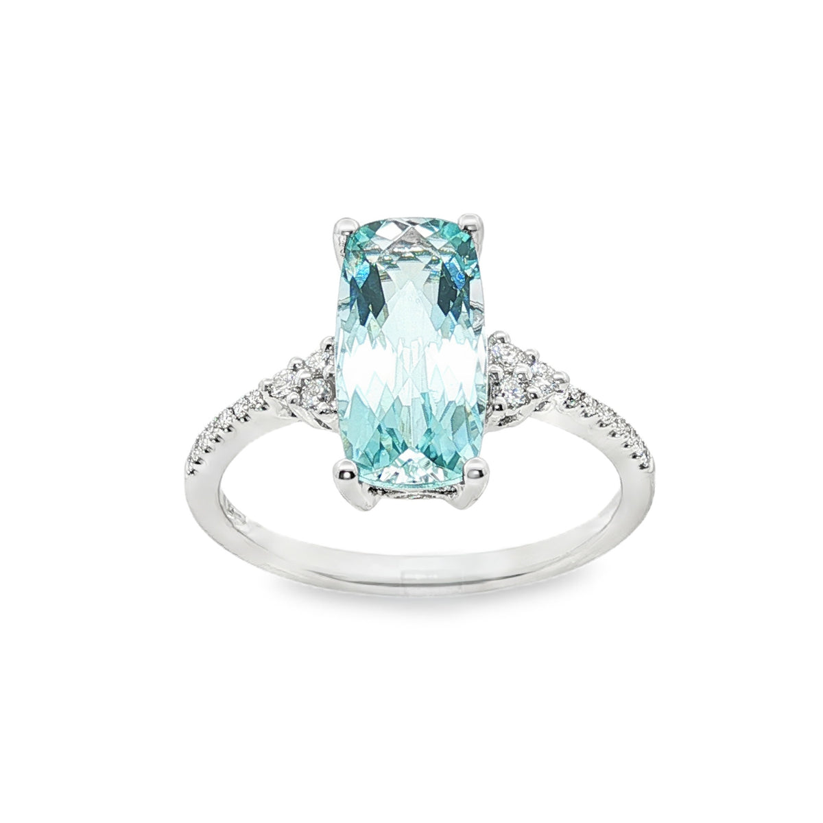 14kt White Gold 2.16 ct Elongated Cushion Aquamarine with Diamond Band Ring 5,5.5,6,6.5,7,7.5,8,8.5,9