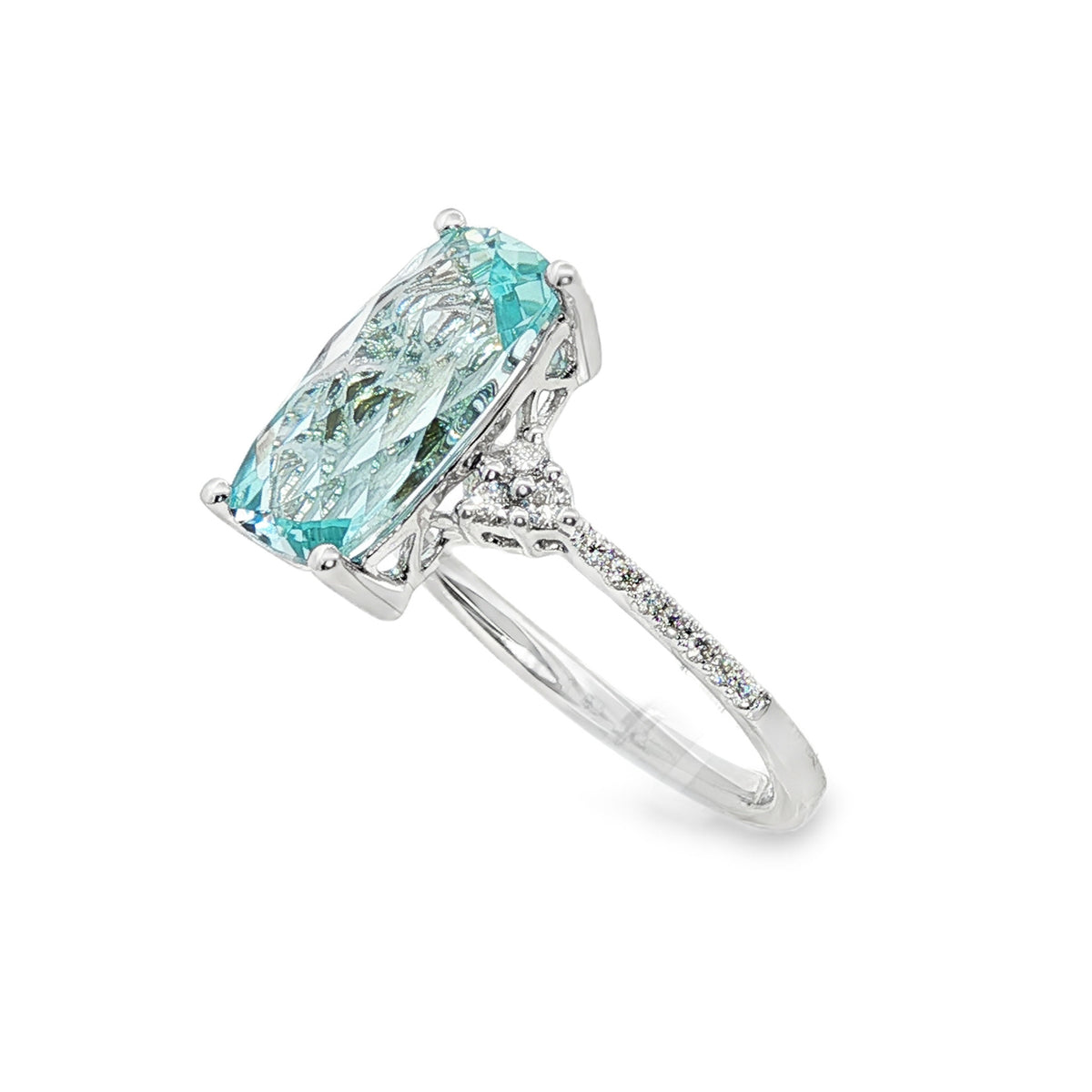 14kt White Gold 2.16 ct Elongated Cushion Aquamarine with Diamond Band Ring 5,5.5,6,6.5,7,7.5,8,8.5,9