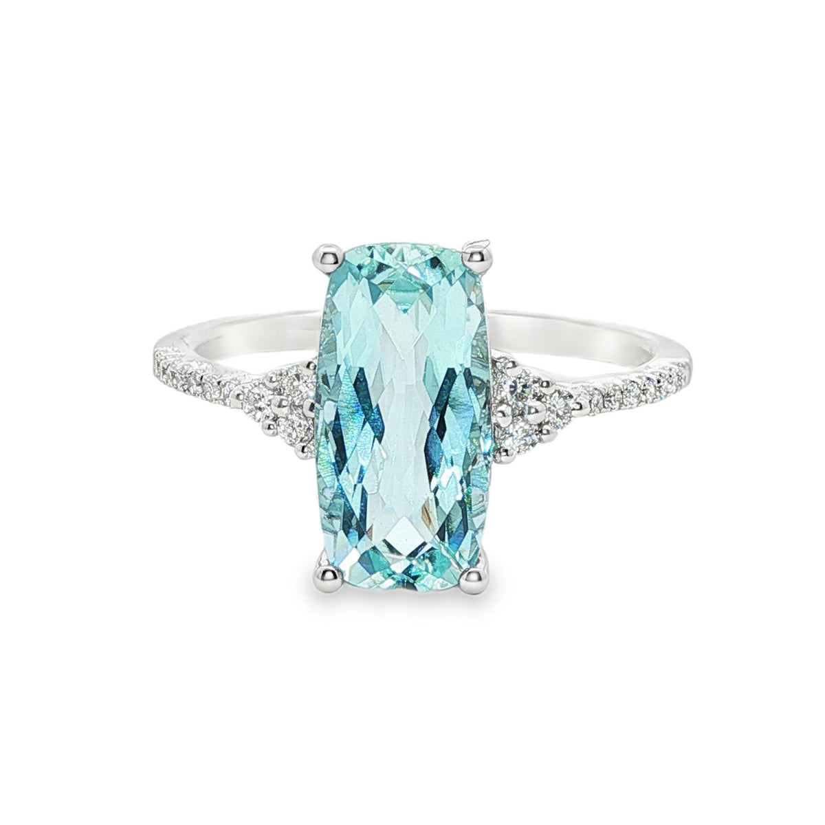 14kt White Gold 2.16 ct Elongated Cushion Aquamarine with Diamond Band Ring 5,5.5,6,6.5,7,7.5,8,8.5,9