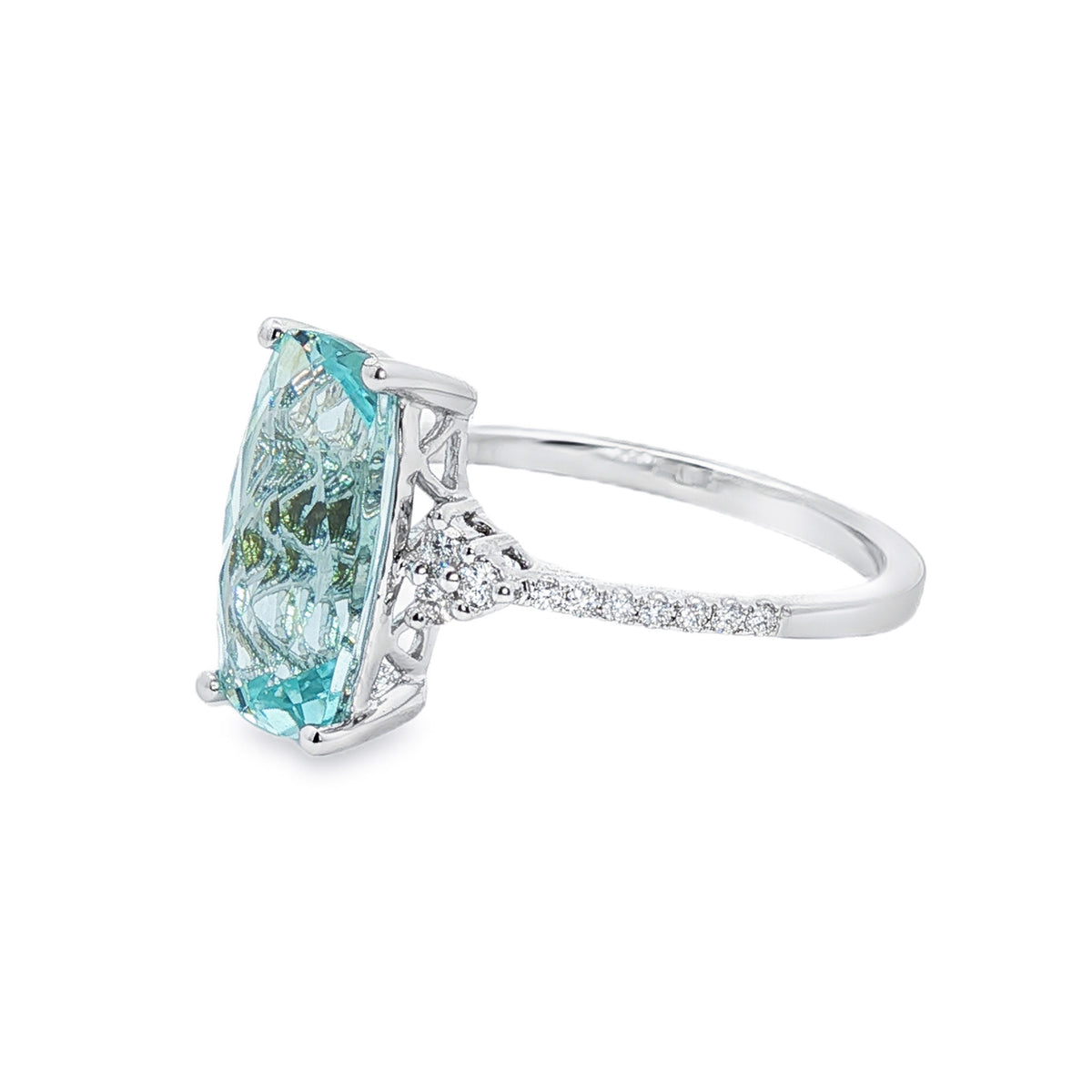 14kt White Gold 2.16 ct Elongated Cushion Aquamarine with Diamond Band Ring 5,5.5,6,6.5,7,7.5,8,8.5,9