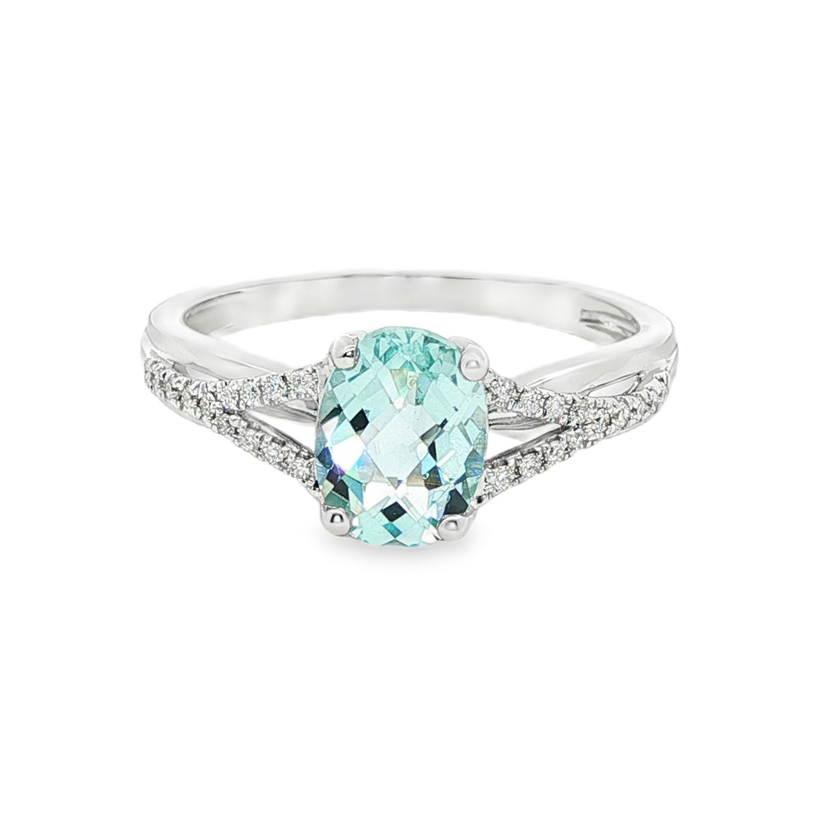 14kt White Gold 1.01 ct Oval Aquamarine with Diamond Y-Shank Ring 5,5.5,6,6.5,7,7.5,8,8.5,9