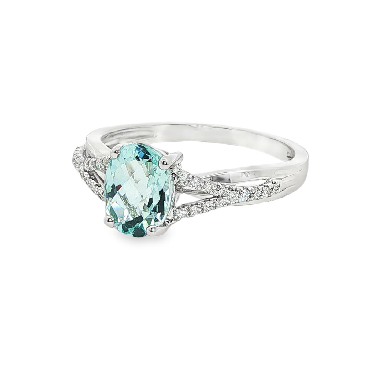14kt White Gold 1.01 ct Oval Aquamarine with Diamond Y-Shank Ring 5,5.5,6,6.5,7,7.5,8,8.5,9