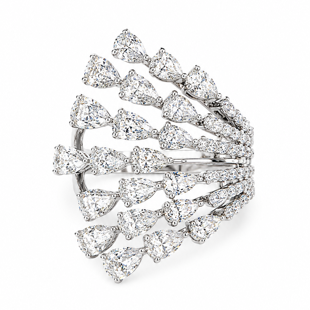 18kt White Gold 5.15 ctw Pear-Shaped & Round Brilliant Diamond Seven-Row Fan Ring 6