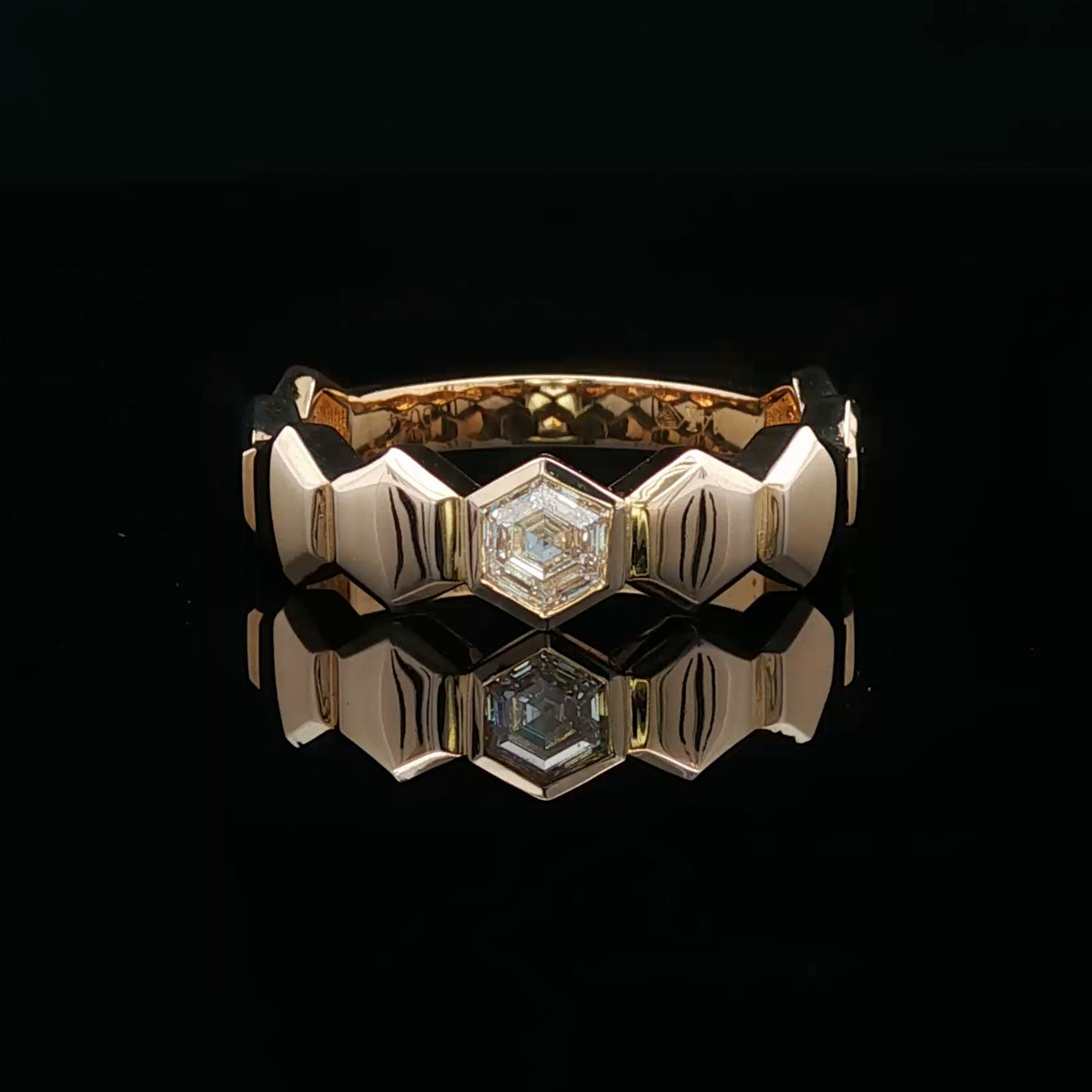 14kt Yellow Gold .34 ct Hexagon Cut Diamond in Hexagon Band 5,5.5,6,6.5,7,7.5,8