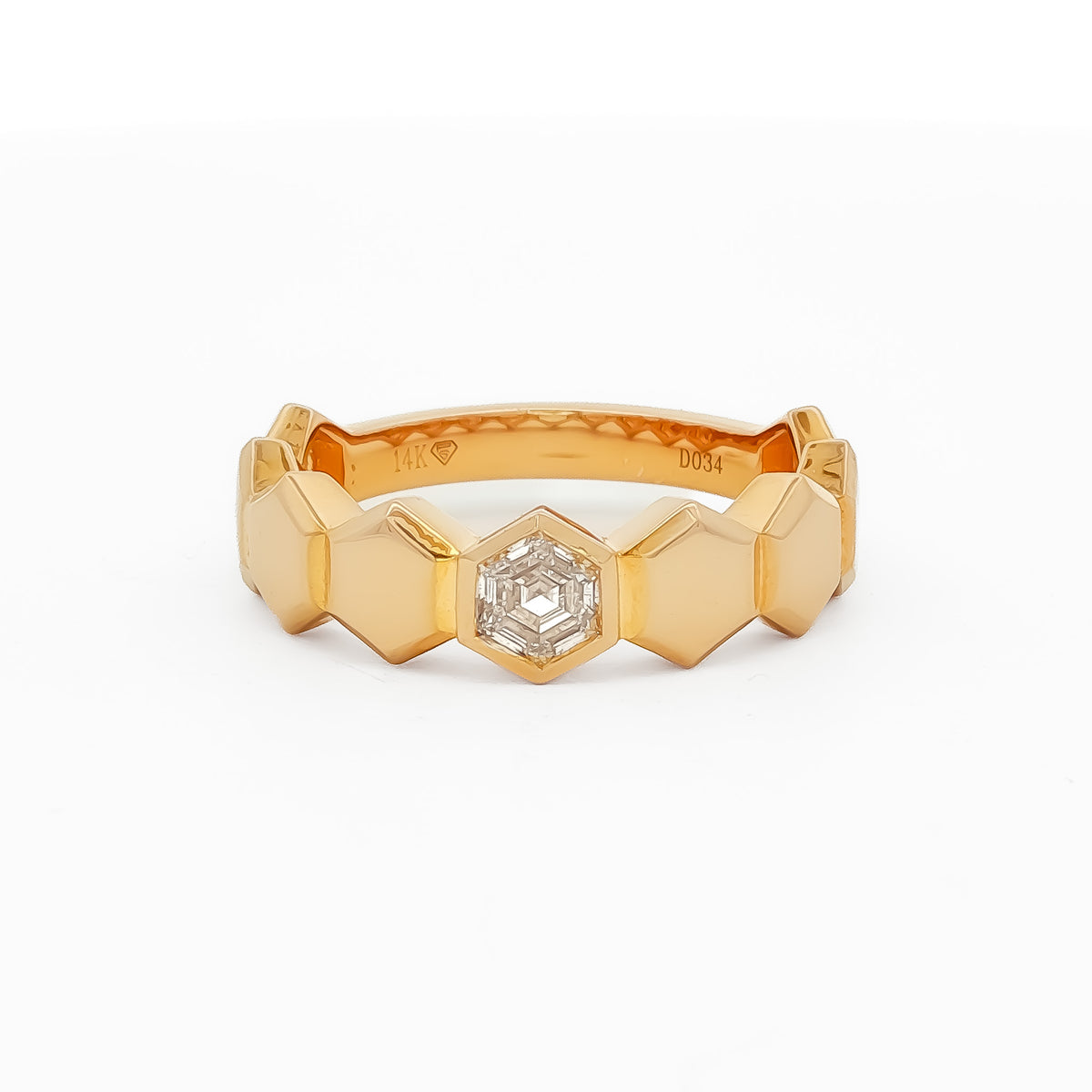14kt Yellow Gold .34 ct Hexagon Cut Diamond in Hexagon Band 5,5.5,6,6.5,7,7.5,8